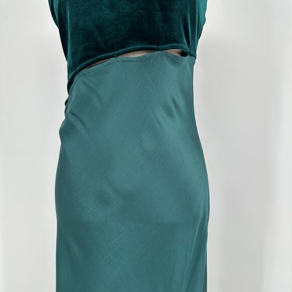 Topshop Petite One Shoulder Green Velvet and Satin Cut Out Midi Dress Womens 8 - Picture 8 of 12